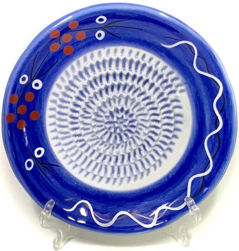 BonCera, All-in-one Premium Ceramic Garlic Grater Plate 4-Piece Set - White Line on Blue Design - For Garlic, Ginger, Chocolate, and more! - Comes with 5.25" Plate, Peeler, Brush, and Stand - Image 2